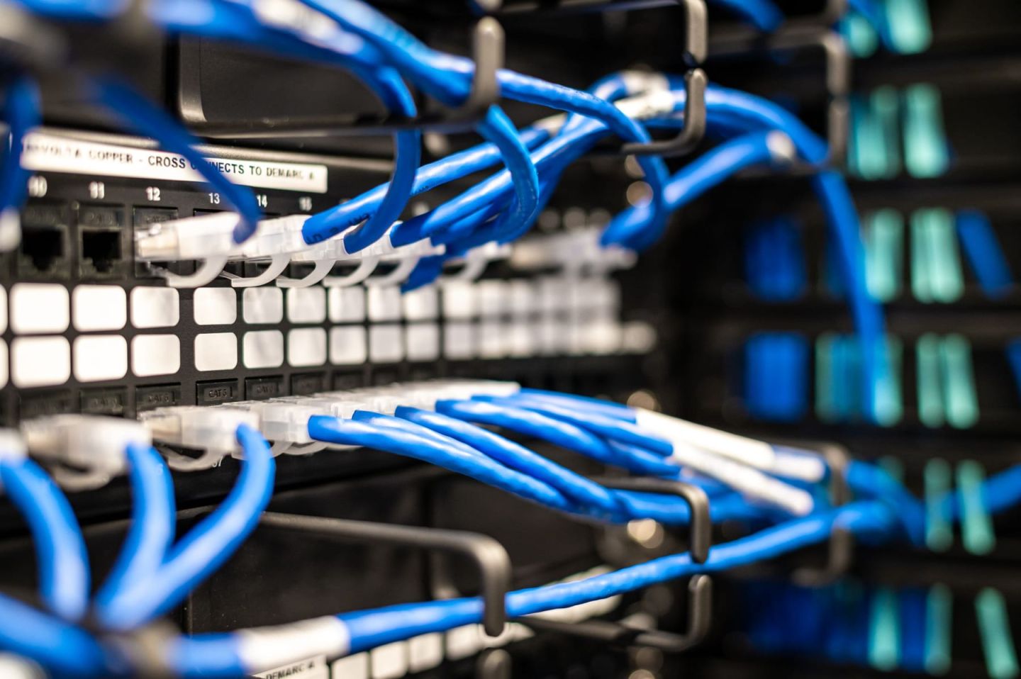 Blaue Patchkabel an einem Patchfeld im Netzwerkschrank, sauber geführt und beschriftet